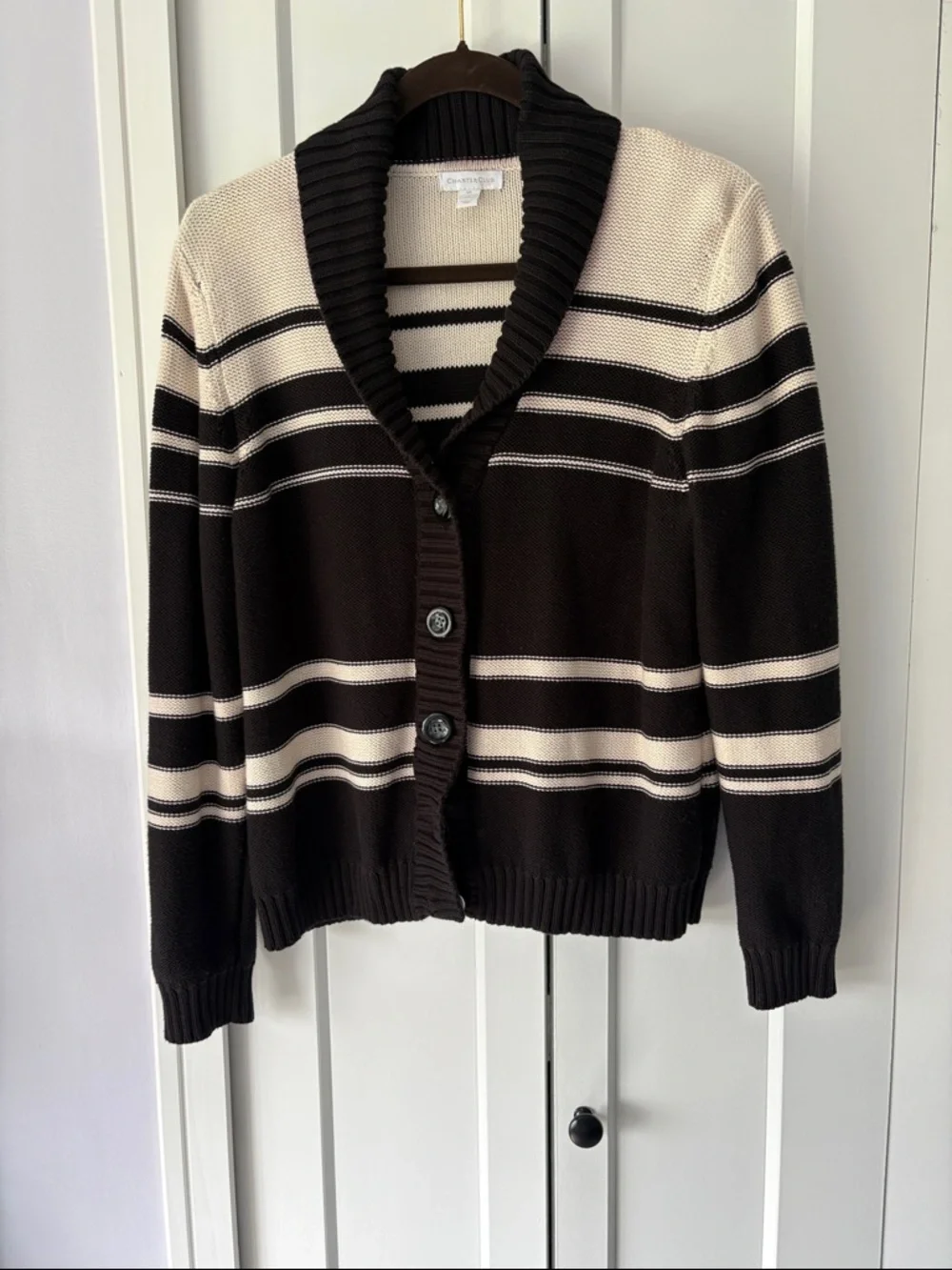 XL Charter Club Black and Cream Striped Shawl Collar button up‎ Cardigan Sweater
